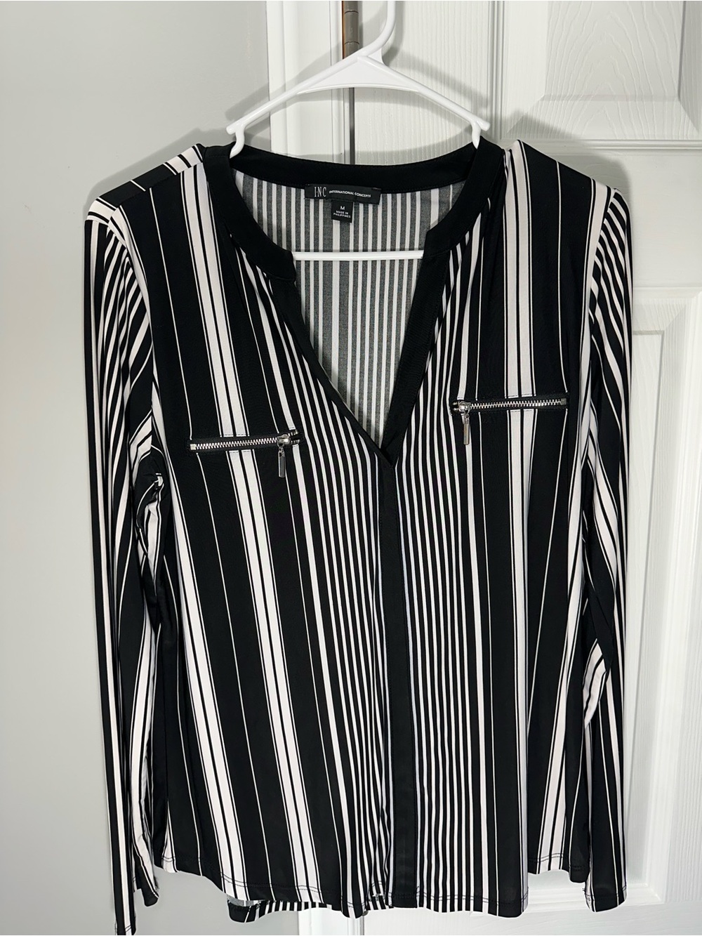 INC International Concepts Black and White Vertical Stripe Top